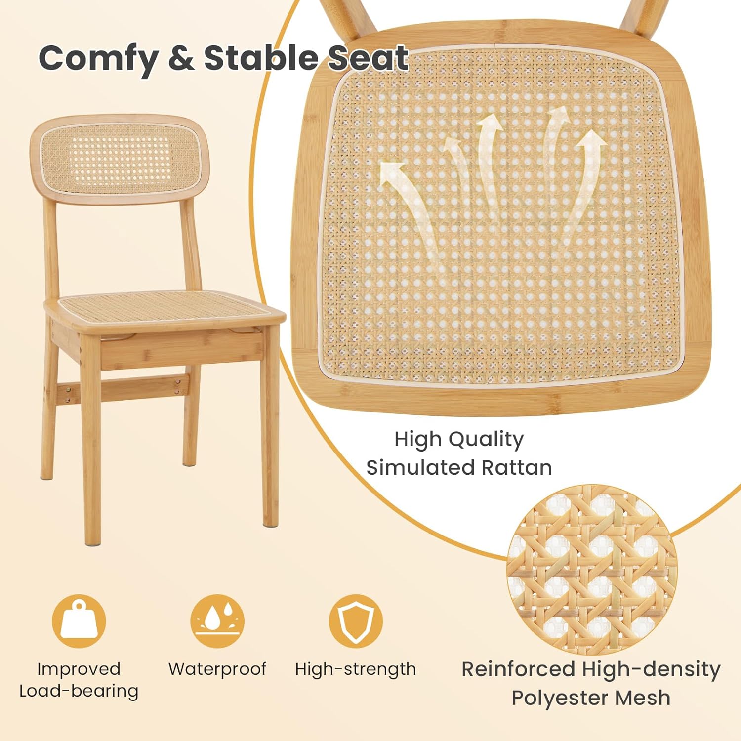 Juego de 2 sillas de comedor de ratán, sillas de cocina de caña bohemia, carga