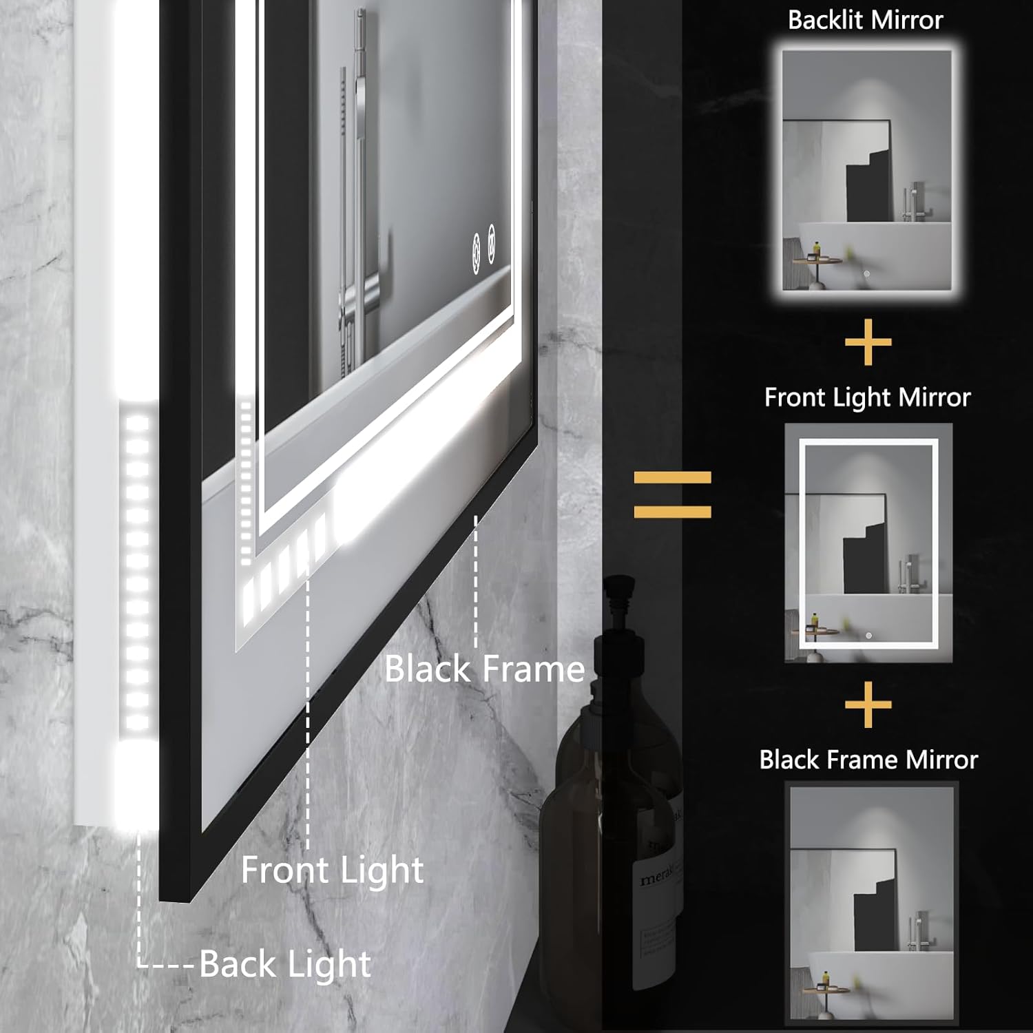 Espejo LED para baño de 20 x 28 pulgadas, espejo de baño LED negro con parte...