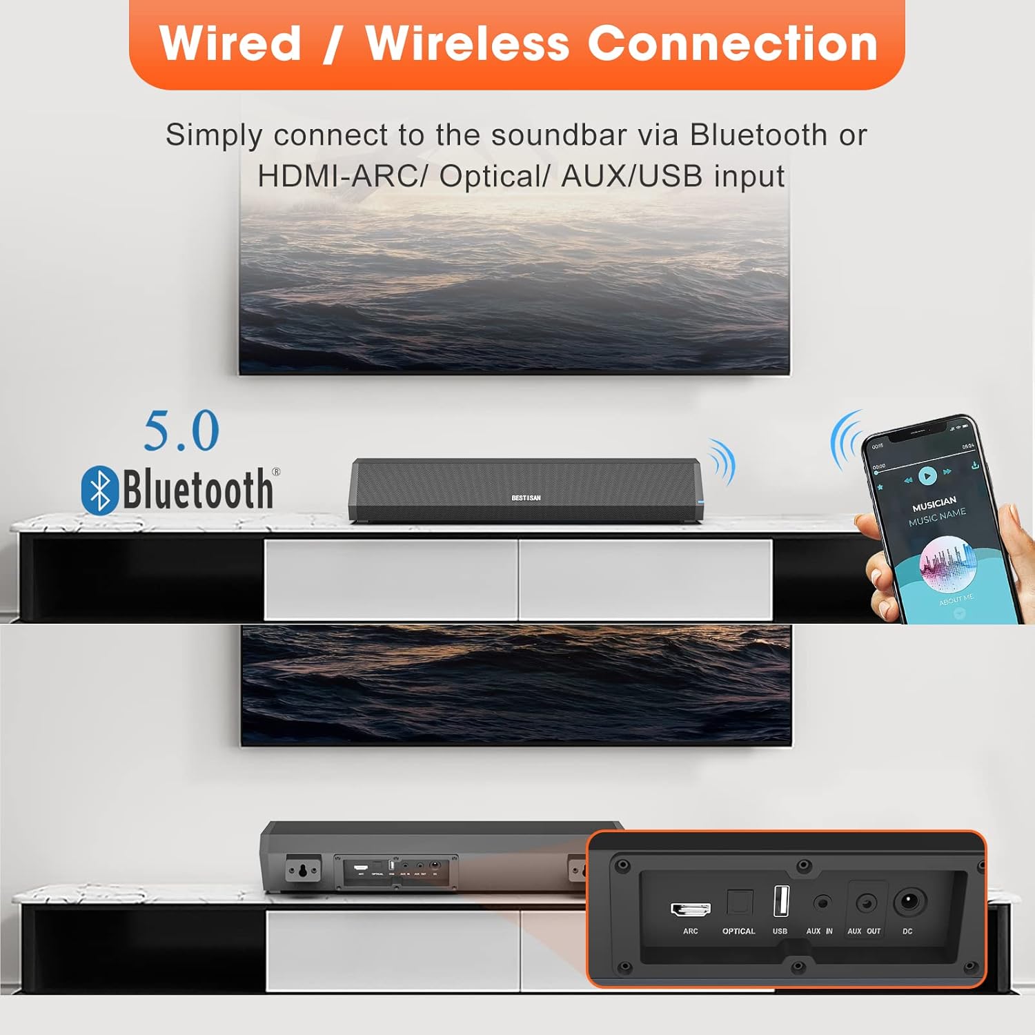 Bestisan - Barras de sonido para TV, barra de sonido pequeña de 16 pies50 W...