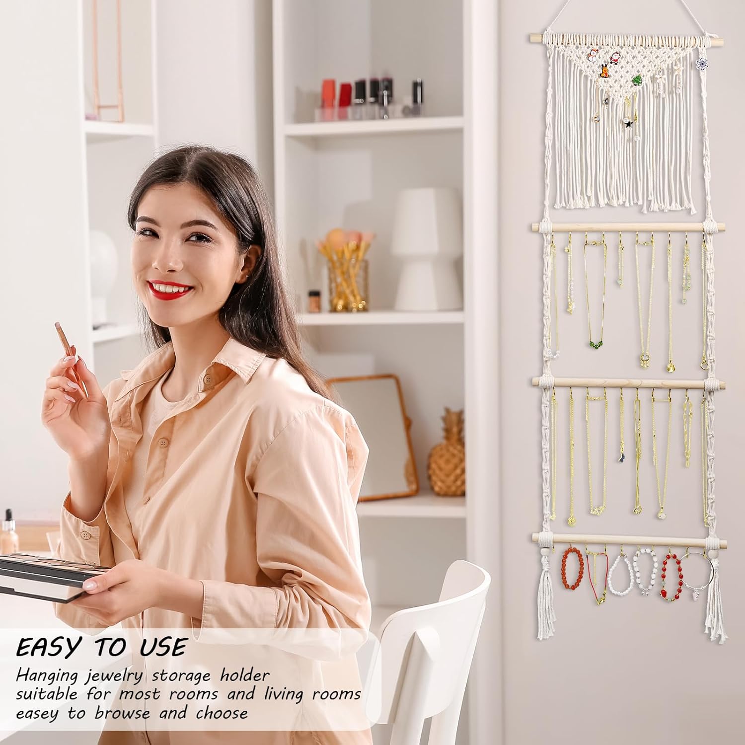 Organizador colgante de joyas, colgador de collar de macramé bohemio montado en