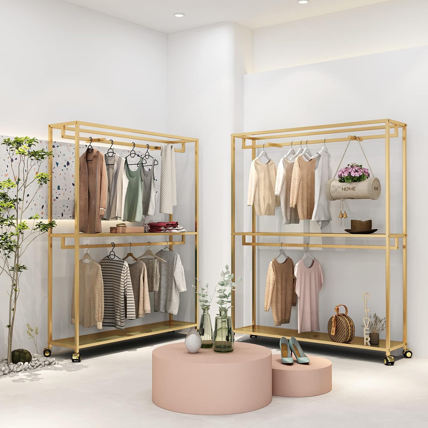 TIEOU Perchero dorado para ropa, perchero dorado con estantes para boutiques,