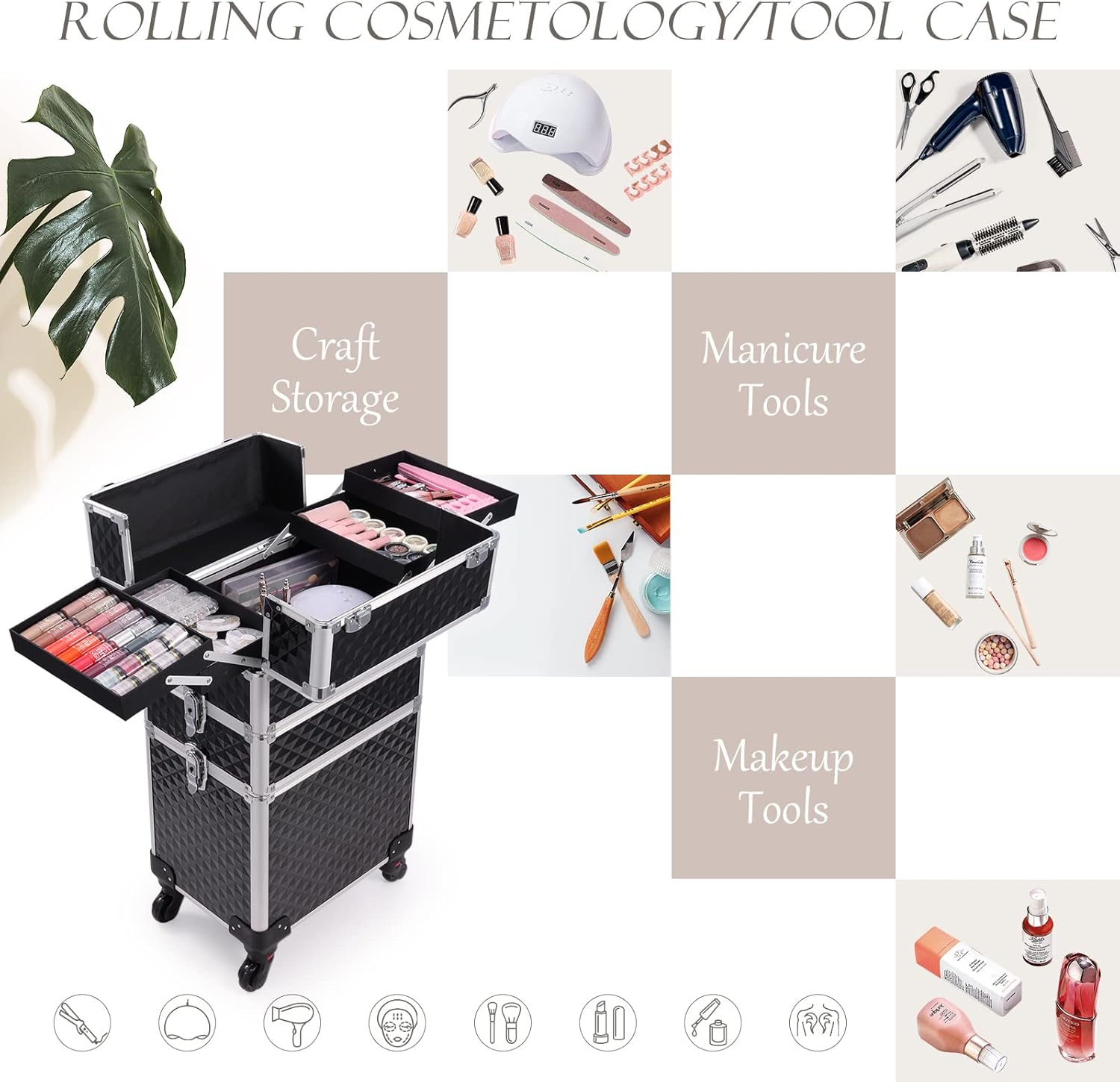 Adazzo 3 en 1 Profesional Rolling Maquillaje Tren Caso de Aluminio con Ruedas...