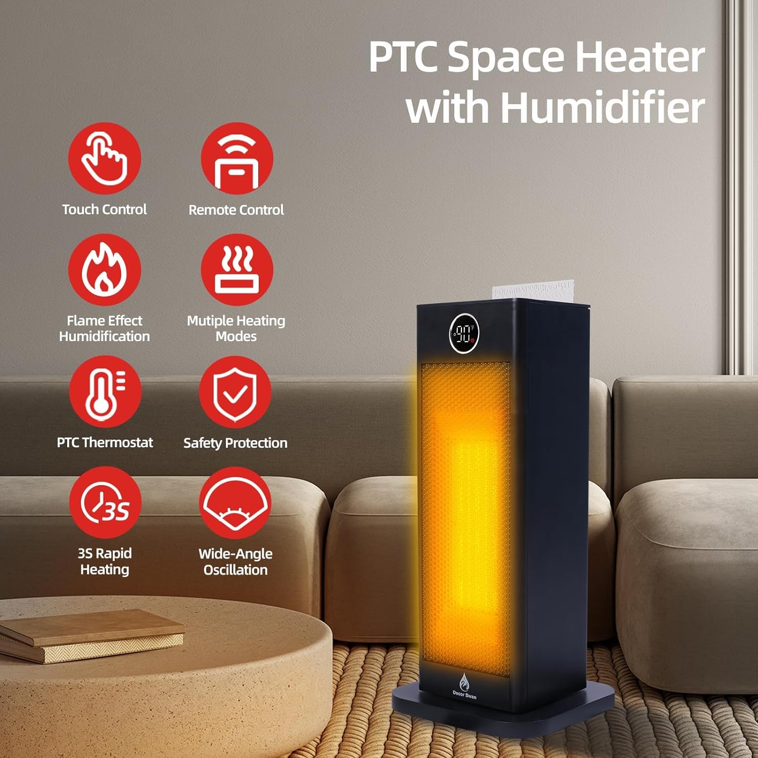 Calentador de espacio 3 en 1 mejorado con humidificador de efecto de llama,