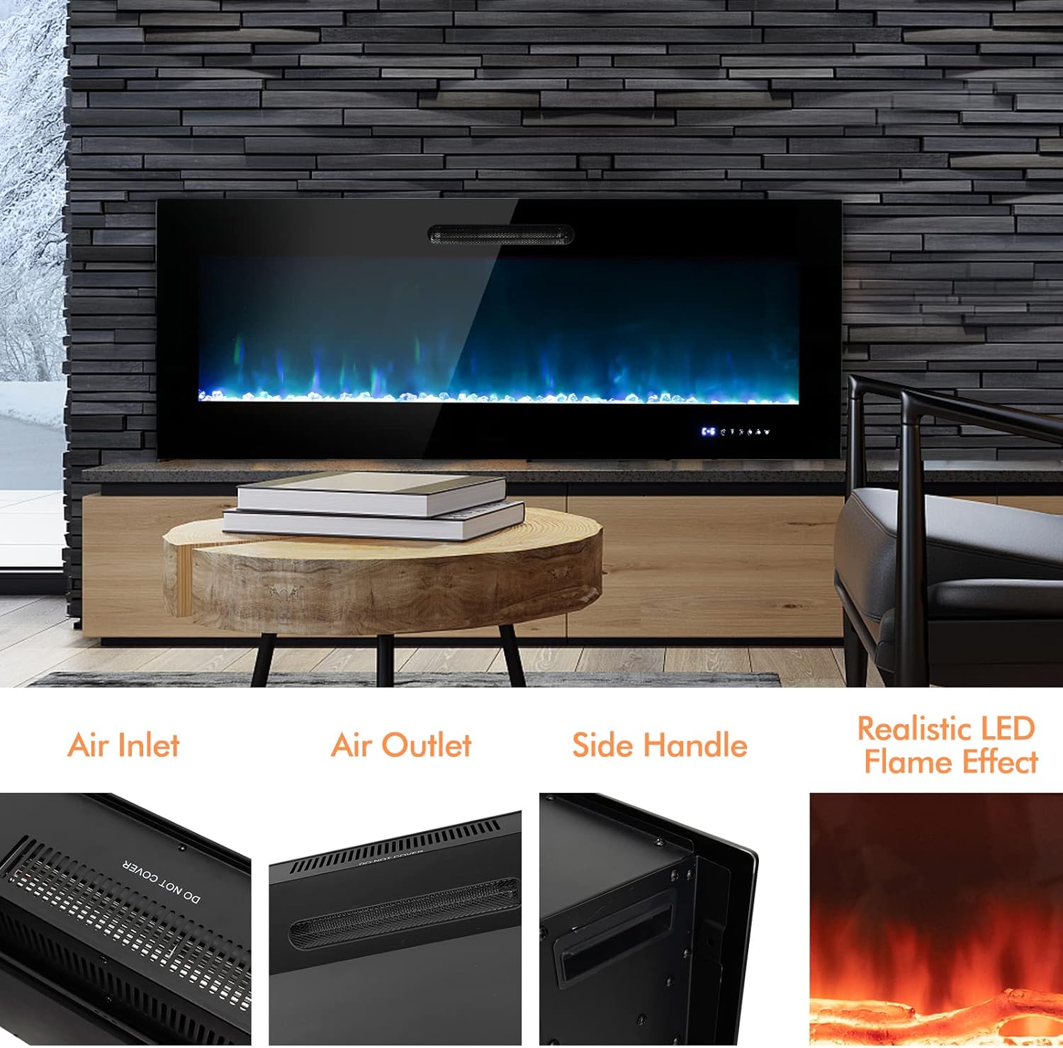 COSTWAY Chimenea eléctrica de 60 pulgadas de ancho, 750 W1500 W empotrada y...
