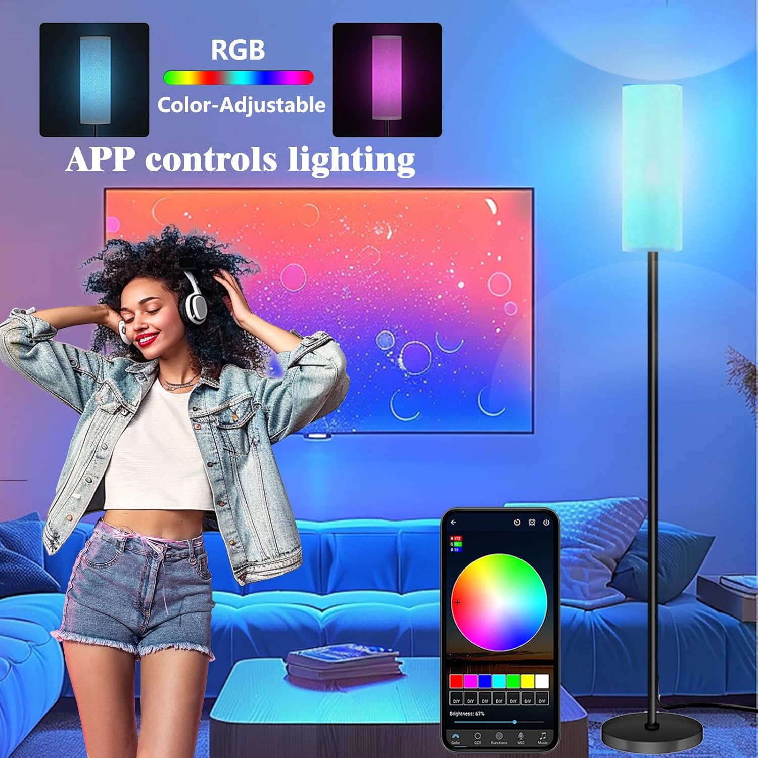 Lámpara De Pie LED Inteligente Con Control De Aplicación Y Colores RGB, Bombilla De 9 W Incluida