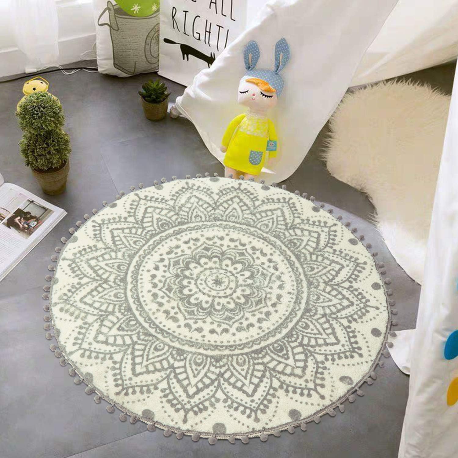 Uphome - Alfombra redonda decorativa con flecos de pompón y mandala de lujo, de...