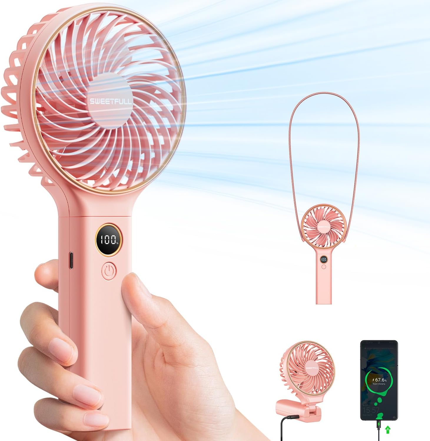 SWEETFULL Ventilador de mano, ventilador portátil, batería recargable de 5000...