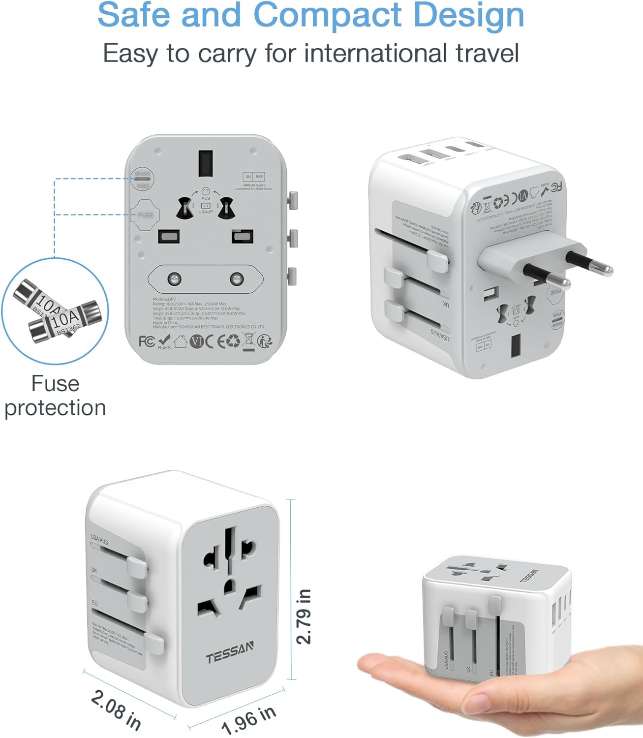 TESSAN Adaptador de viaje universal, adaptador de corriente internacional 5.6A...