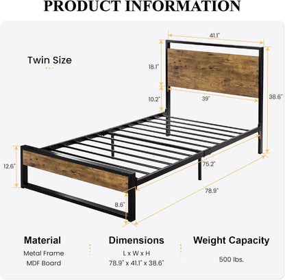 Base de cama individual con cabecera de madera, cama de plataforma de metal