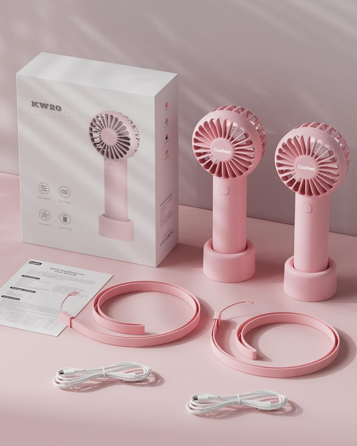 Paquete de 2 ventiladores de mano color rosa, funciona con pilas, ventilador...