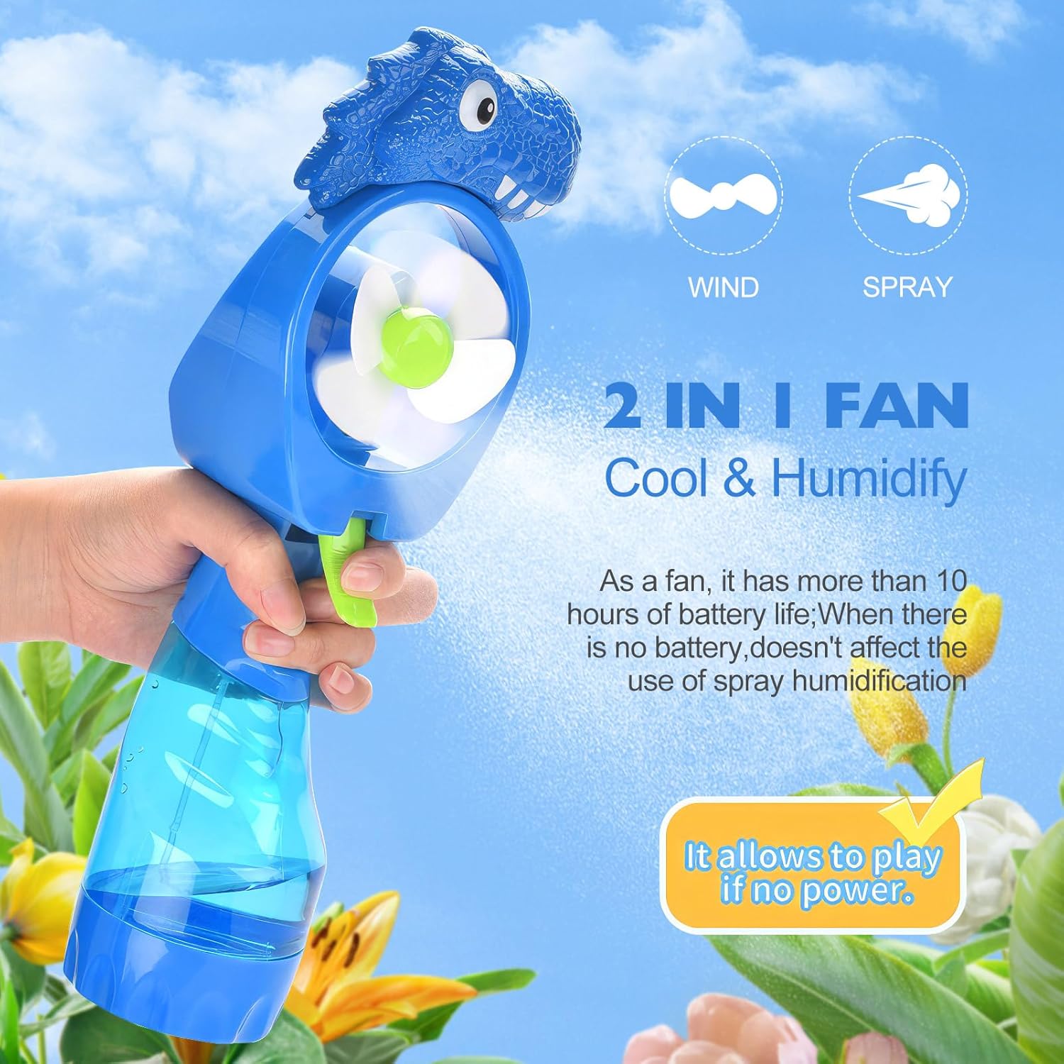 QearFun Ventilador de niebla de mano de dinosaurio con spray de agua,...