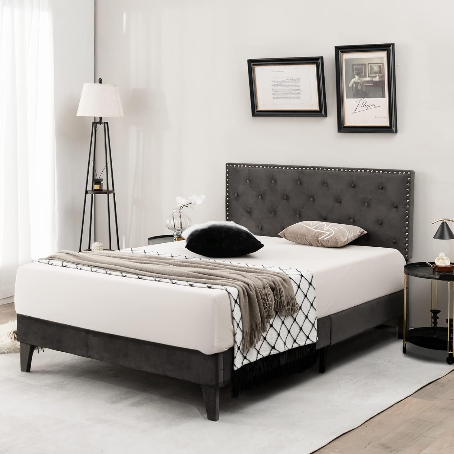 KOMFOTT Base de cama tapizada tamaño matrimonial, base de cama de plataforma...