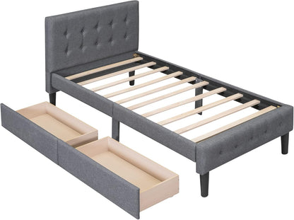 Cama de plataforma tapizada de tamaño individual con cajones de almacenamiento,
