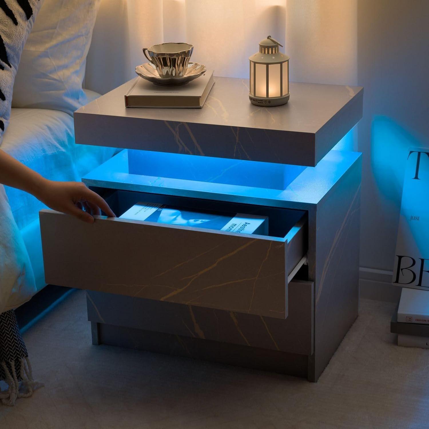 Mesita de noche LED para mesita de noche con luces LED, mesa auxiliar moderna...