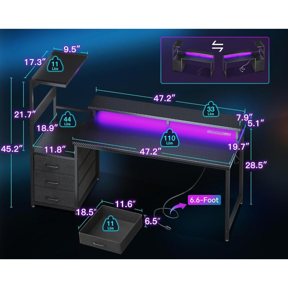Escritorio Gamer Reversible AODK, Con Luz Led Y Puertos De Carga USB, Con Estantes De Almacenamiento Y Soporte Para Monitor