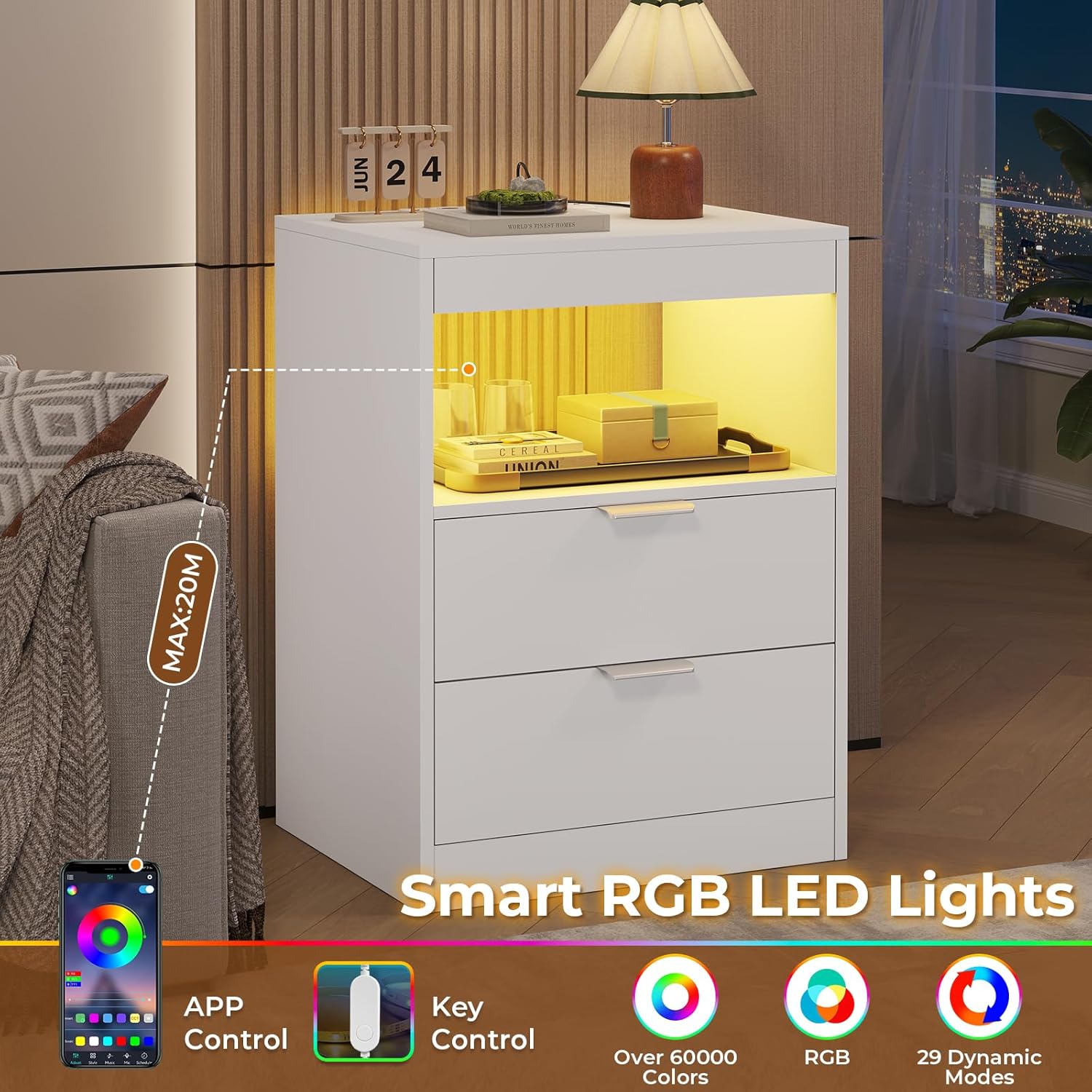 ADORNEVE Mesita de noche LED blanca con estación de carga inalámbrica, 2...