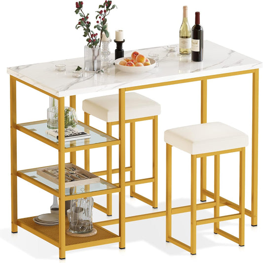 Dining Table Set for 2, Kitchen Island with Seating Bar Table Set with Storage,