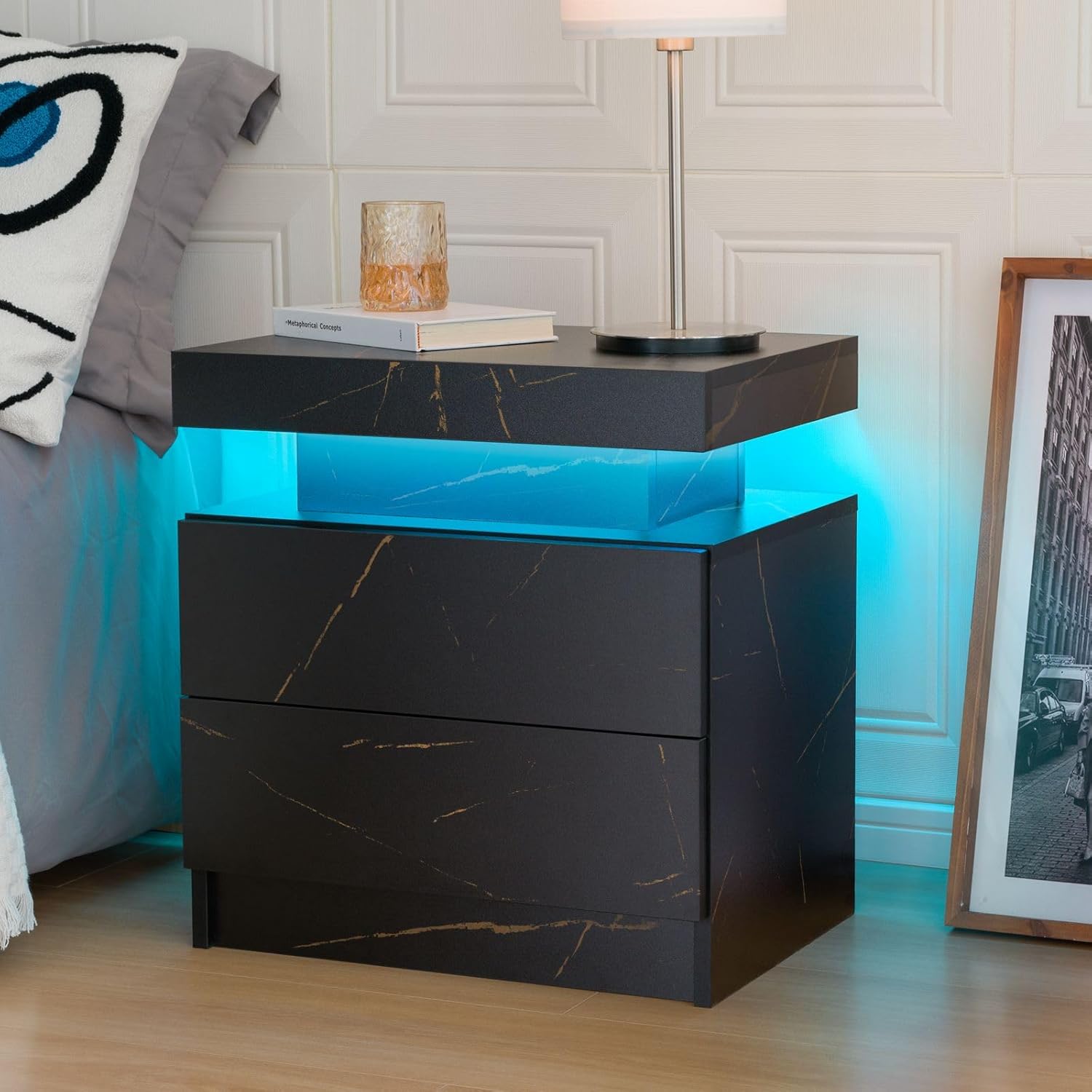 Juego de mesita de noche de 2 luces LED con 2 cajones con cajones para...