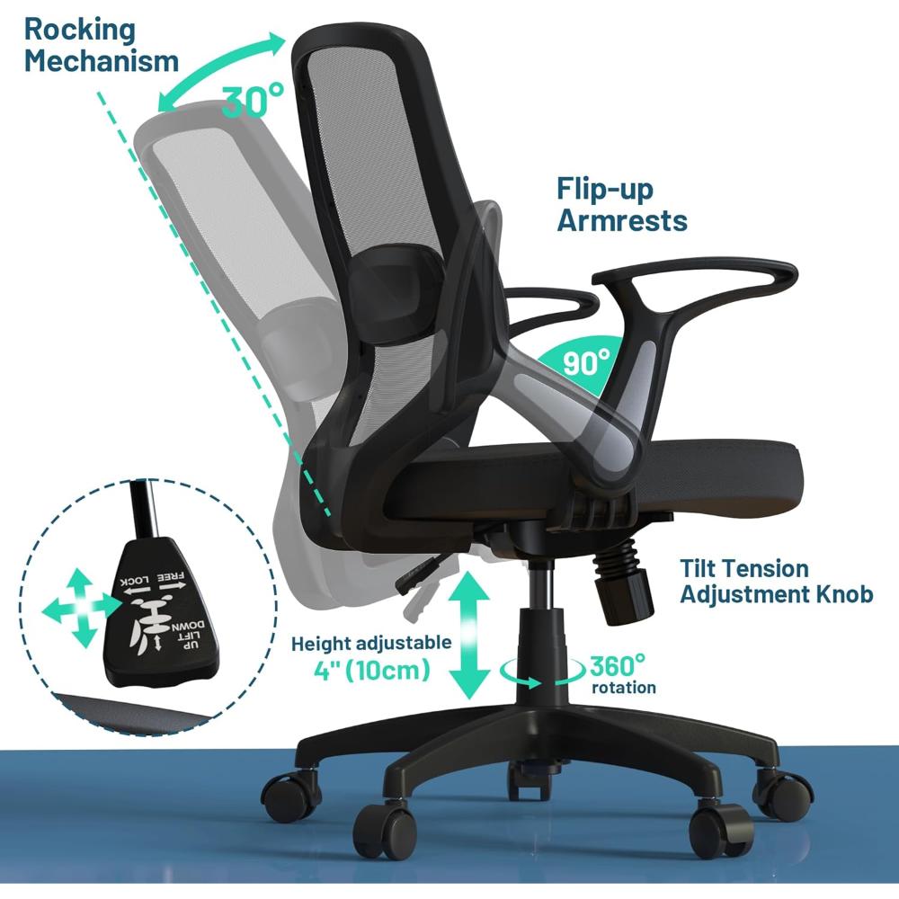 Silla De Escritorio Ergonómica, Ajustable En Altura Con Ruedas Flexibles, KIZECK, Negro