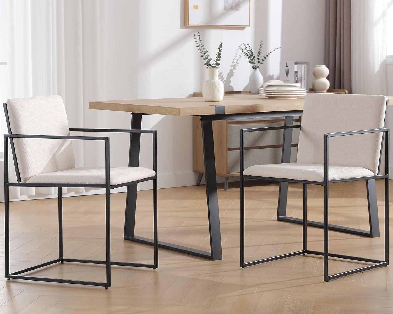 Sillas de comedor de lino con patas de metal negro, sillas de comedor modernas