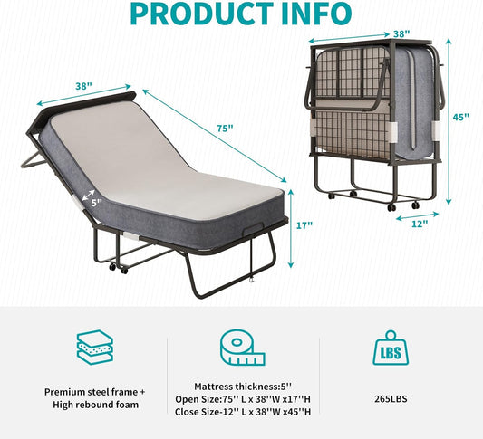 Cama plegable con colchón para adultos, cama plegable de 75 pulgadas de largo x