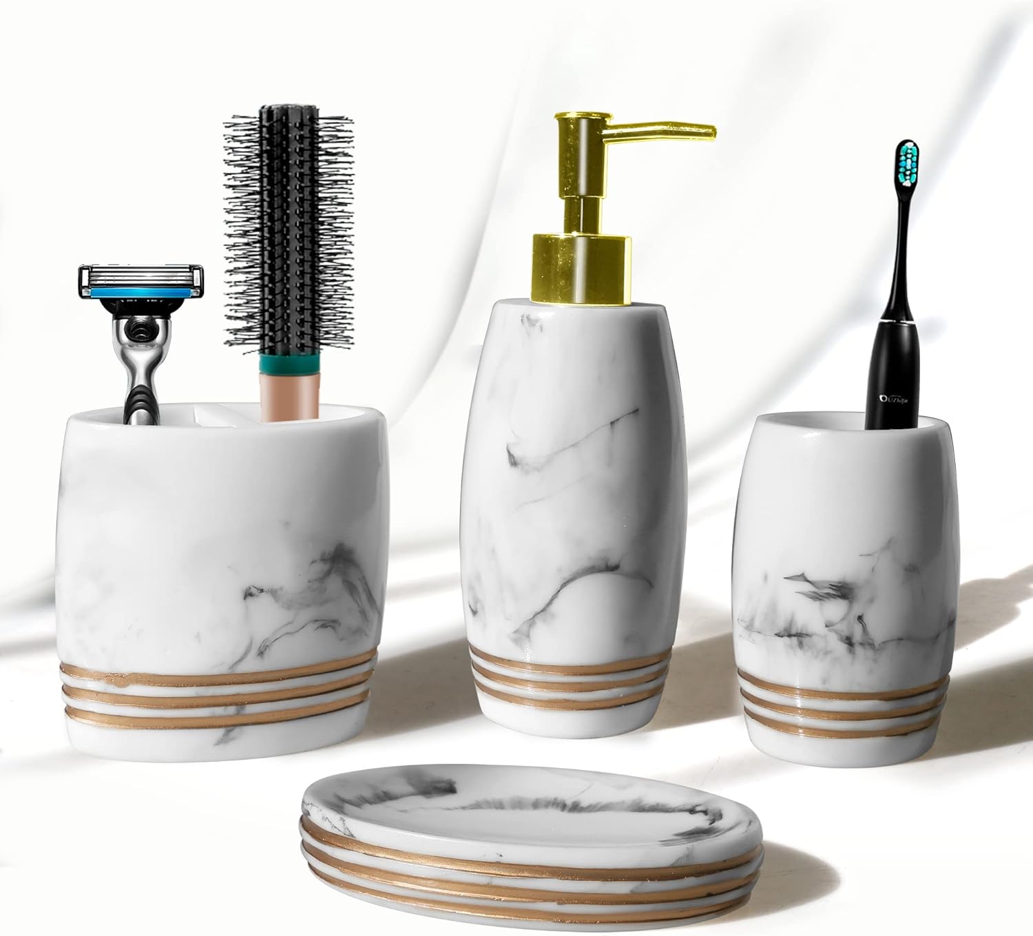 Juego de 4 accesorios de baño de resina que incluye vaso, jabonera, dispensador...