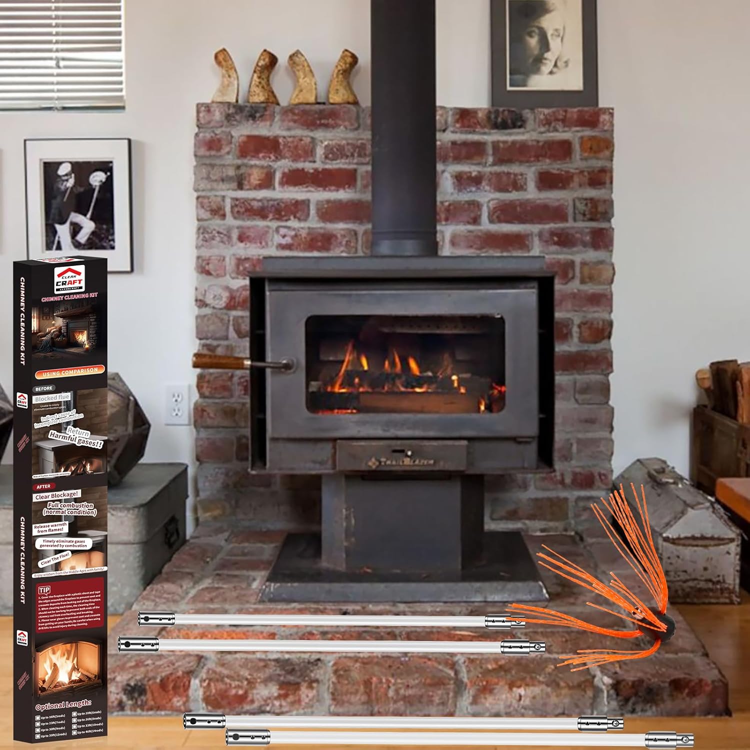 Kit de limpieza de chimenea de 33 pies, kit de limpieza de chimenea con 10...