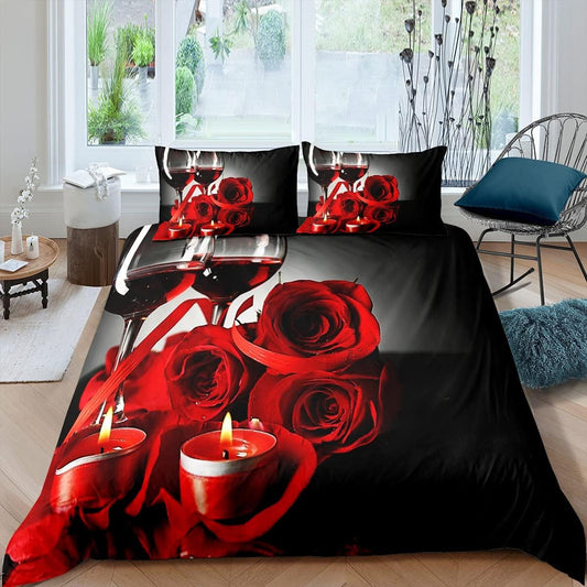 Erosebridal Funda de edredón de rosas, juego de ropa de cama con velas de vino...