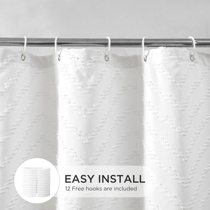 Cortina de ducha bohemia blanca de tela tejida de 72 x 78 pulgadas, moderna
