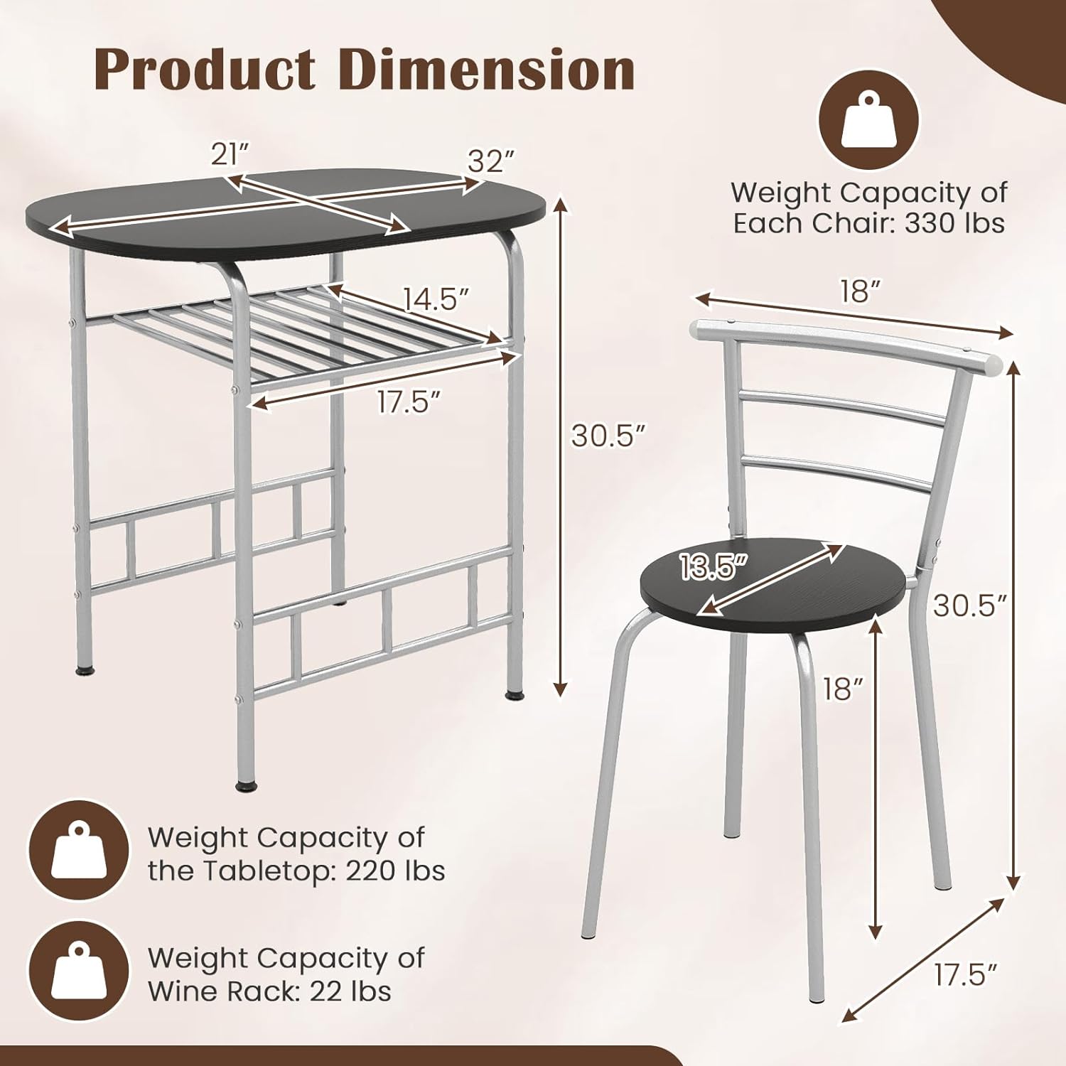 GOFLAME Juego de mesa de comedor de 3 piezas, mesa de cocina y 2 sillas con