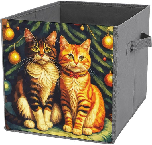 Vintage Christmas Tree Cats Storage Cubes, 11 Inch Fabric Bins with Double