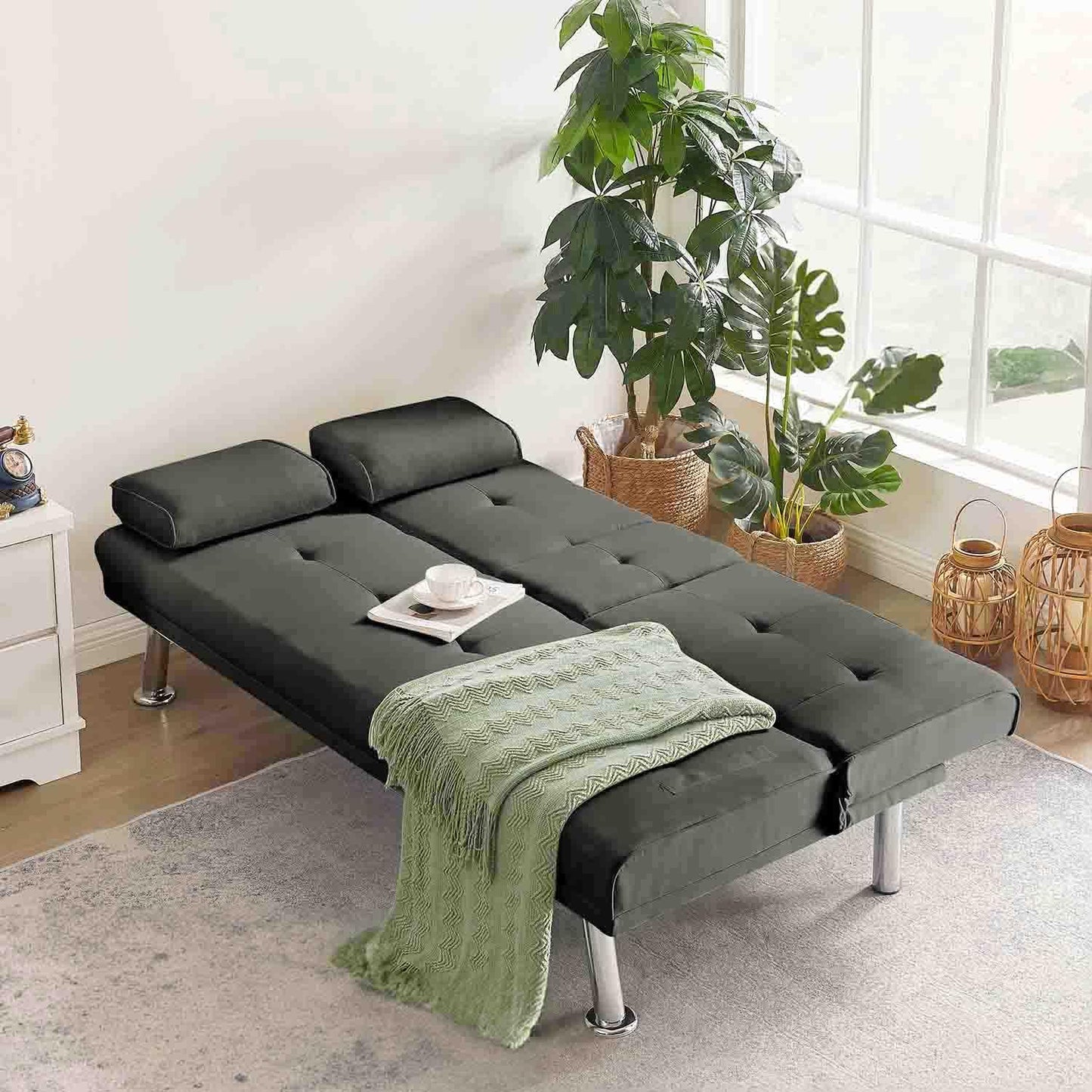 Moderno sofá cama futón con 2 portavasos, sofá cama convertible con