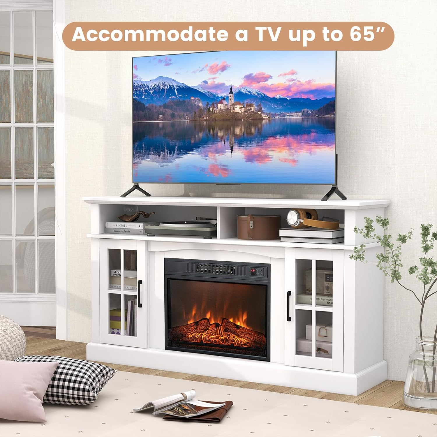 Tangkula Soporte de TV con chimenea para televisores de hasta 65 pulgadas,...