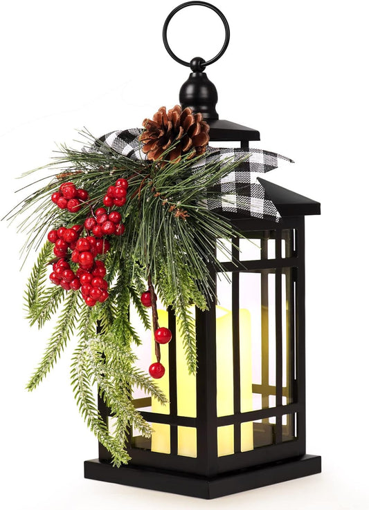 Faroles de vela vintage de metal para Navidad con luz LED, cinta a cuadros,...