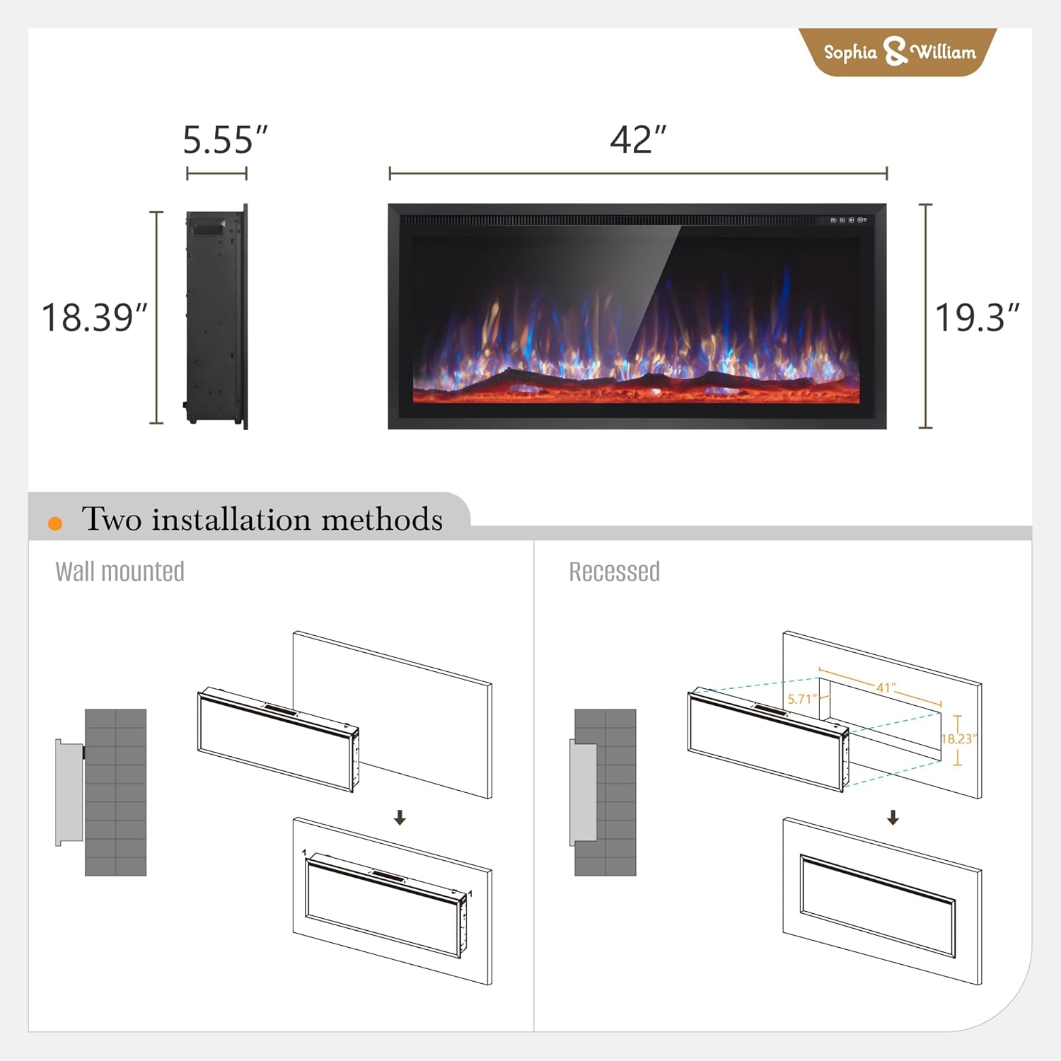 Chimenea eléctrica de 42 pulgadas montada en la pared con control remoto,...