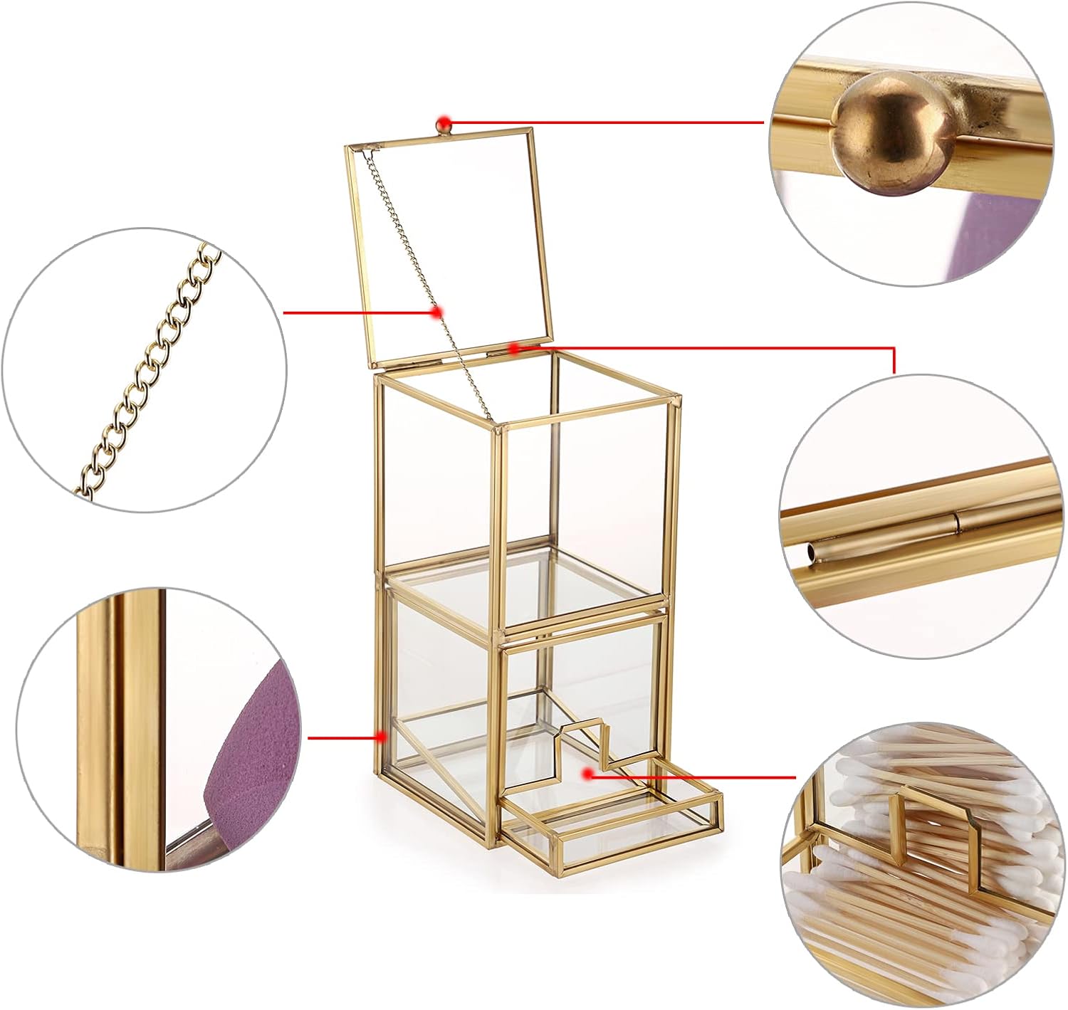 Hipiwe Soporte Qtip de vidrio dorado con tapa, 2 compartimentos, bolas de...