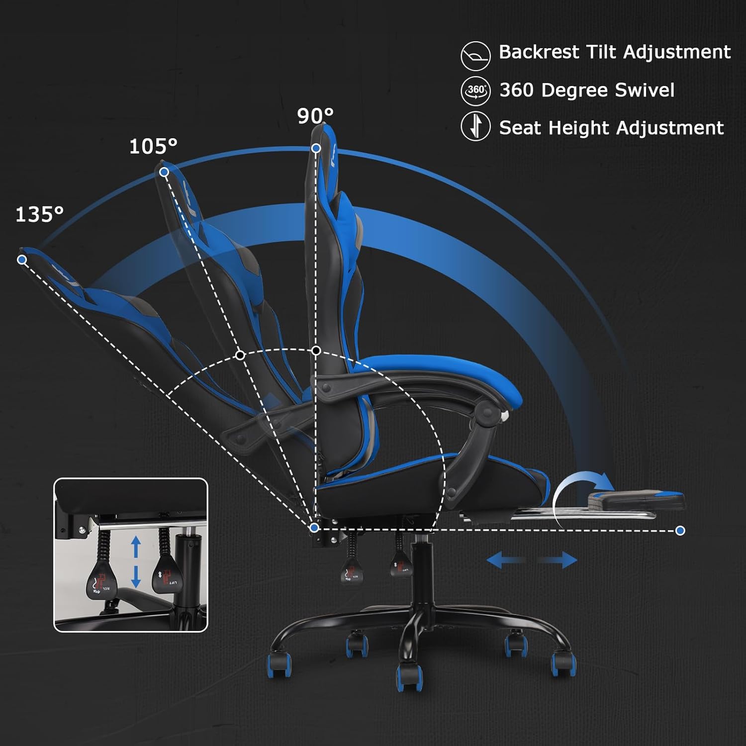 Silla de juegos con reposabrazos y reposapiés Linkage, silla de videojuegos de...
