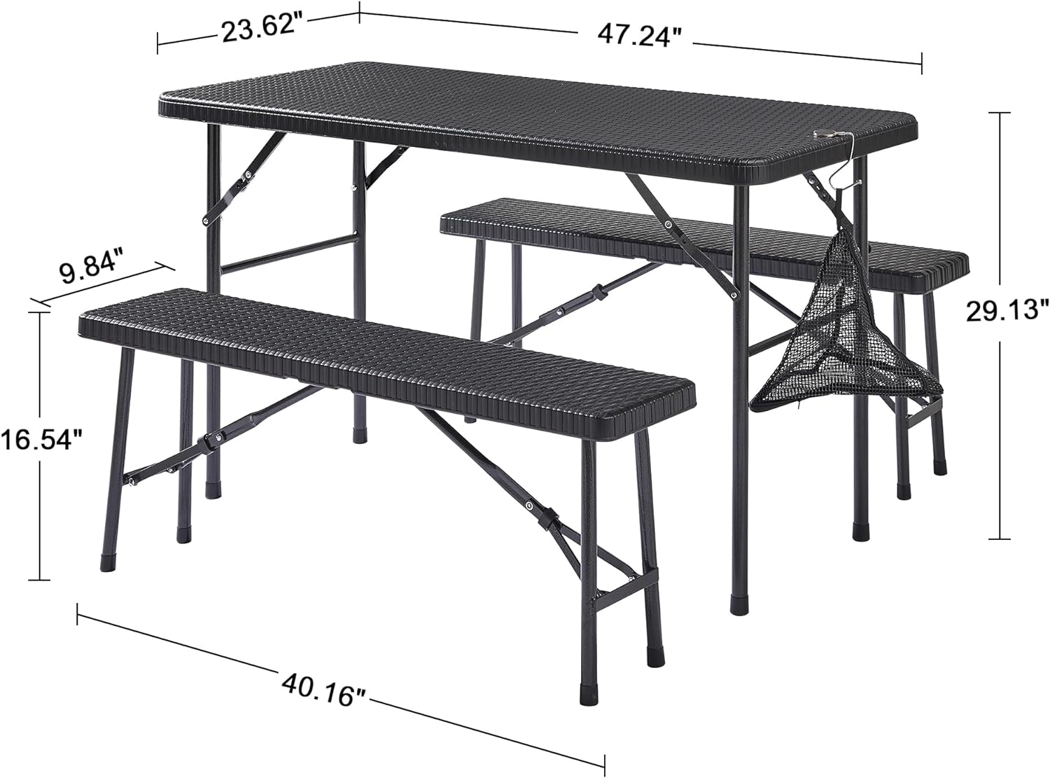 Juego de comedor para 4, mesa plegable de ratán sintético con 2 bancos para