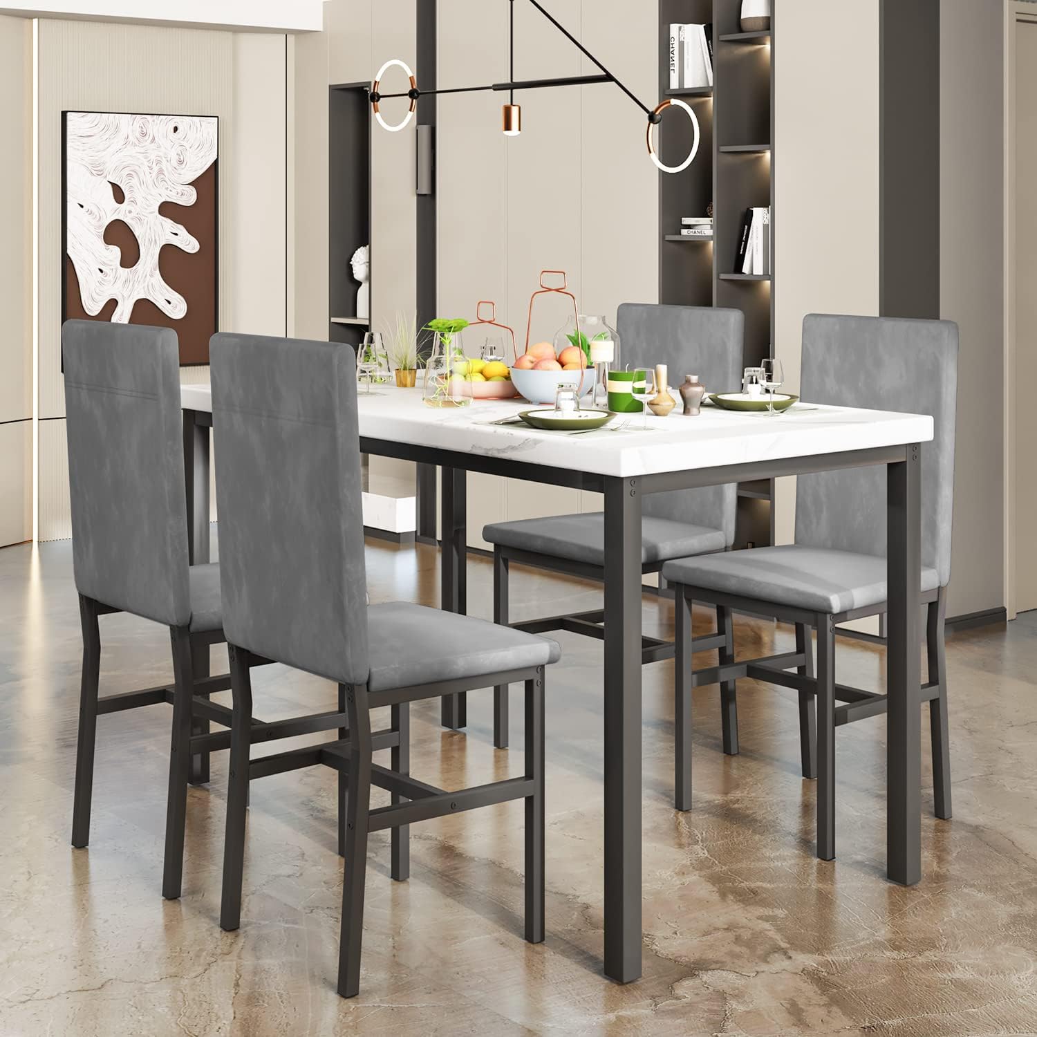 MIERE - Juego de mesa de comedor para 4, 5 piezas de mármol con 4 sillas de...