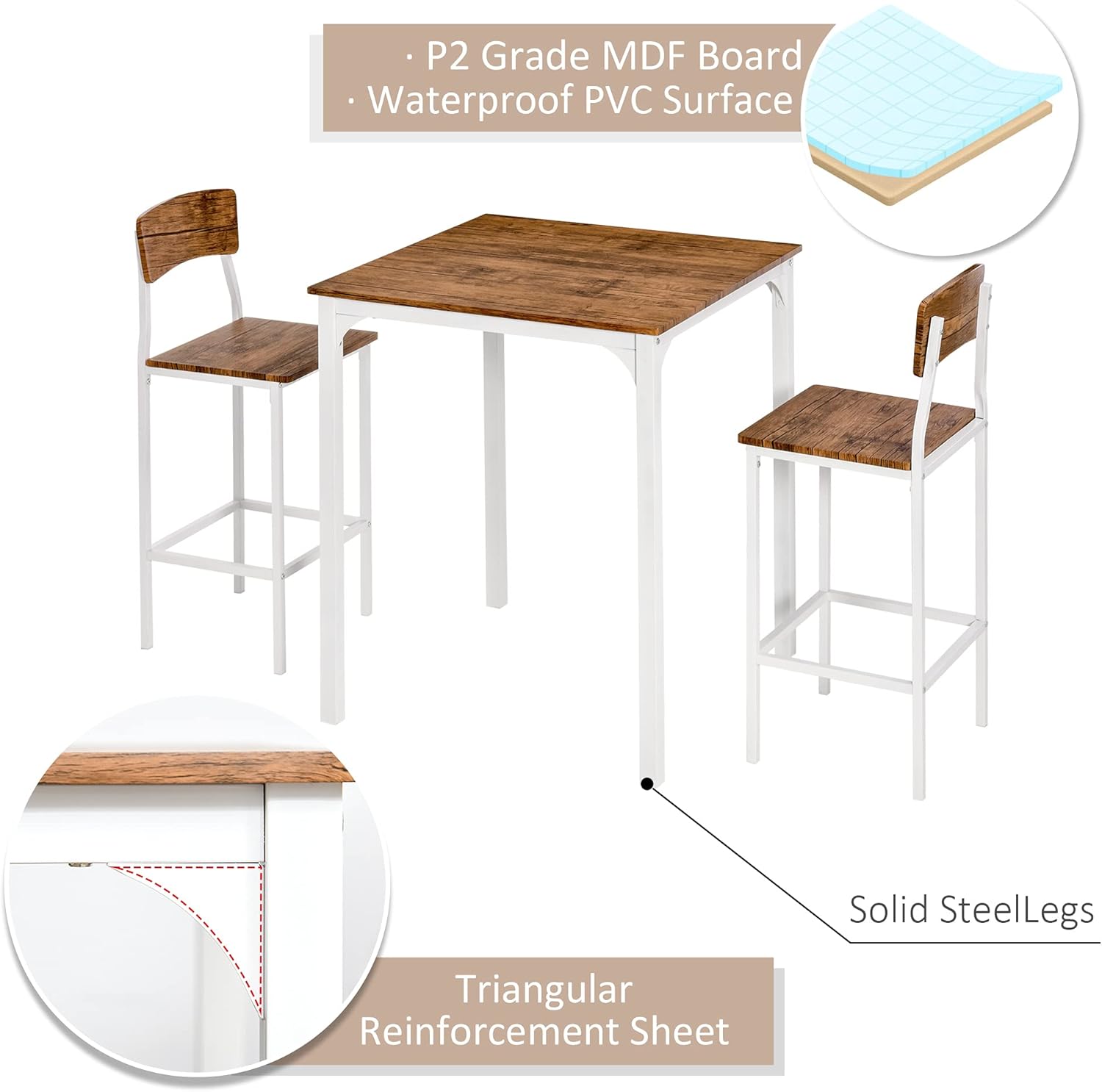 HOMCOM Juego de mesa y sillas de barra de altura de mostrador de 3 piezas,...