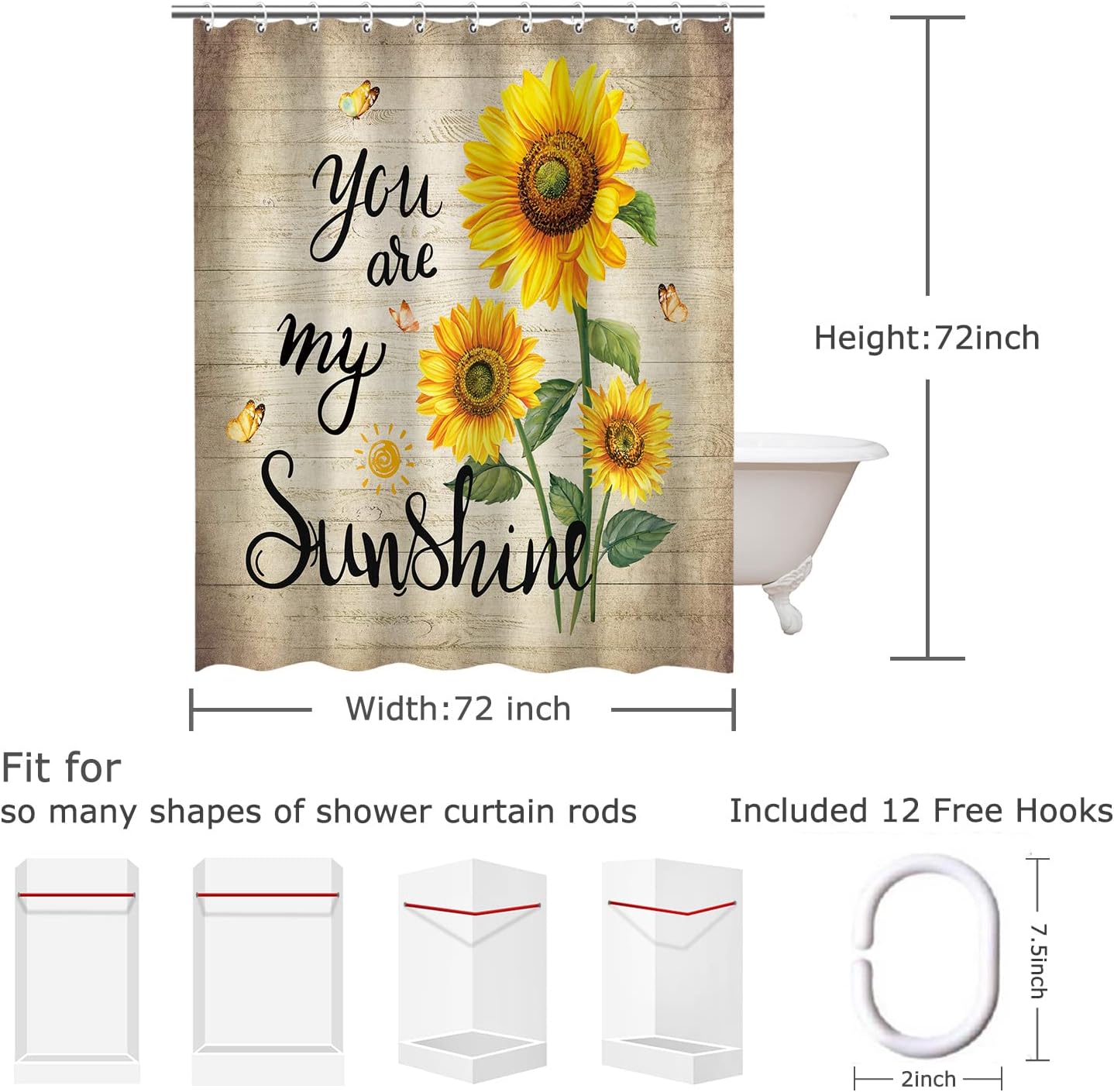 Cortina de ducha de girasol, juego de cortinas de ducha rústicas florales de...