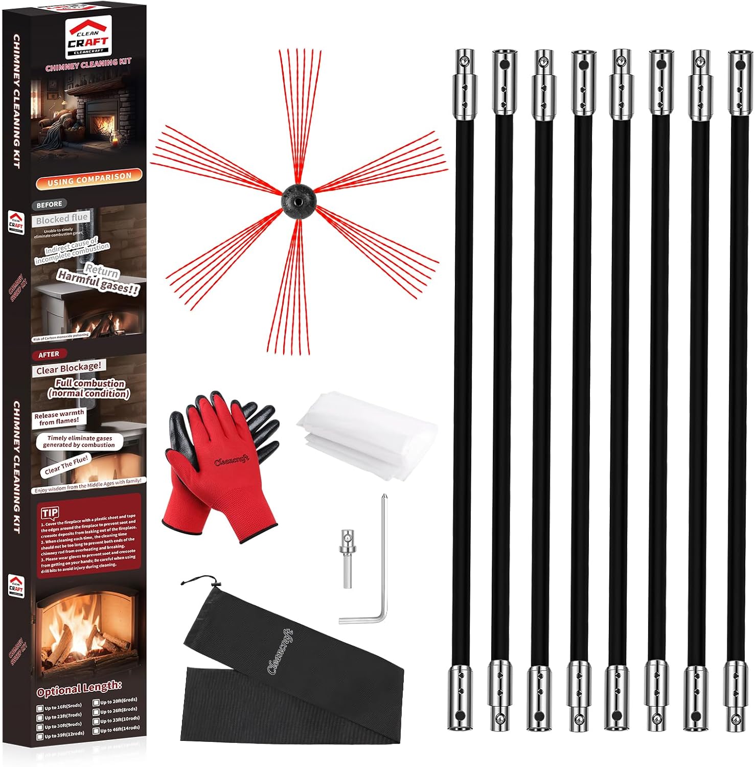 Kit de limpieza de chimenea de 16 pies, kit de limpieza de chimenea con 5...