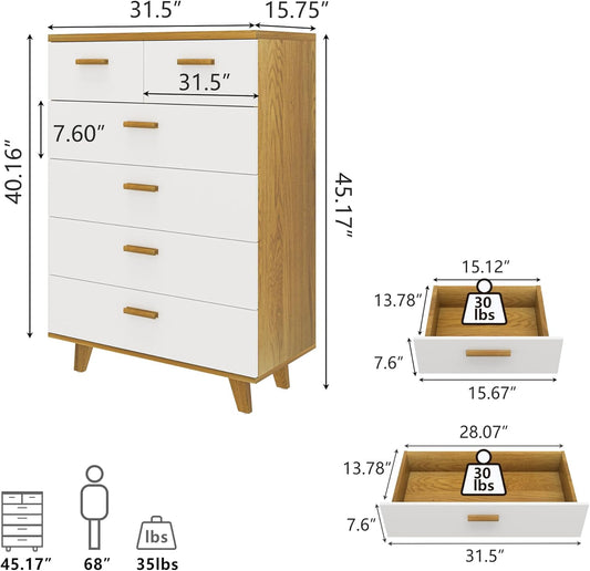 Vibe & Dine Cómoda alta de 6 cajones, cómoda de madera blanca para dormitorio,...