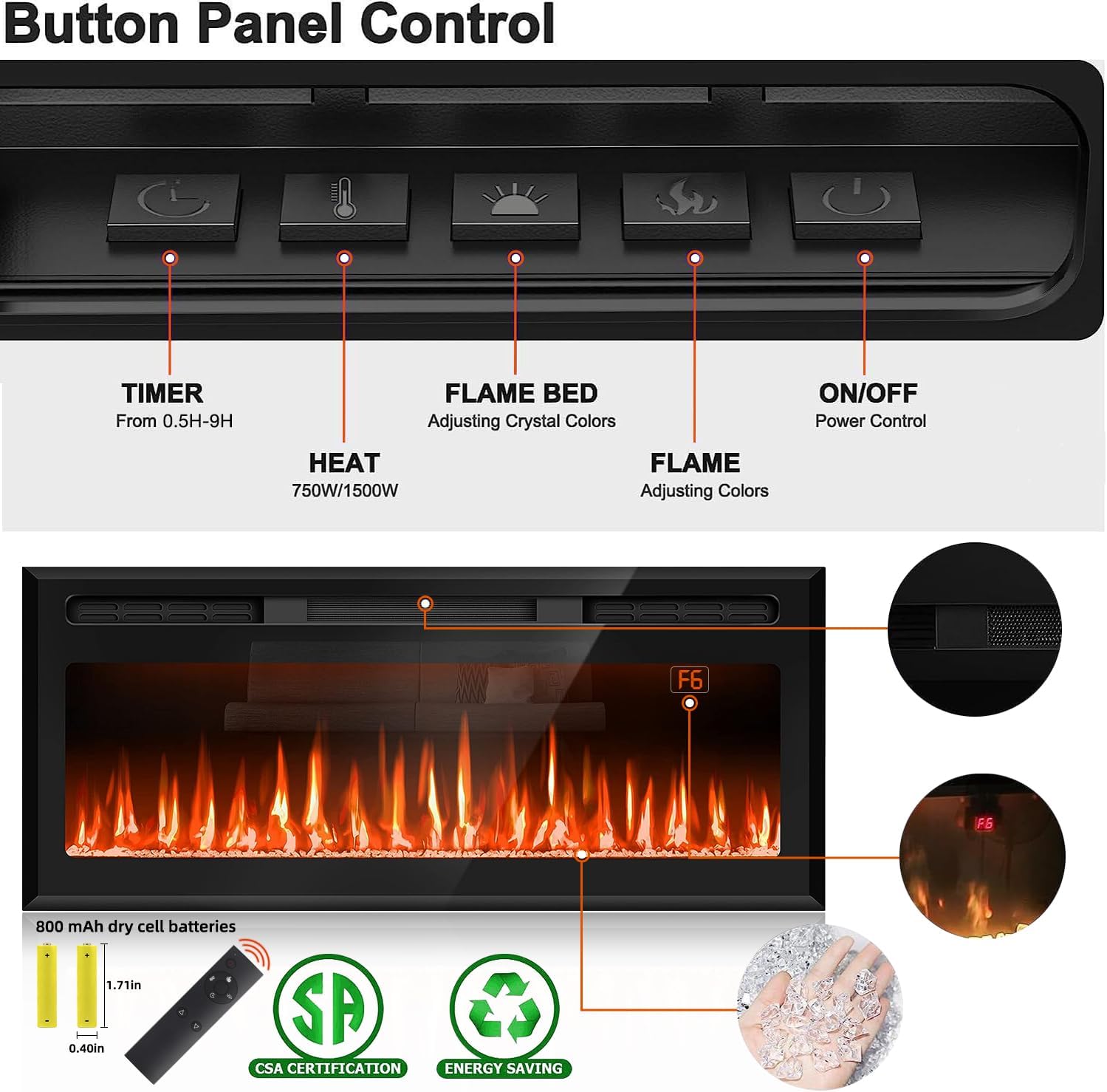 Chimenea eléctrica de espejo de 43 pulgadas montada en la pared y empotrada,...