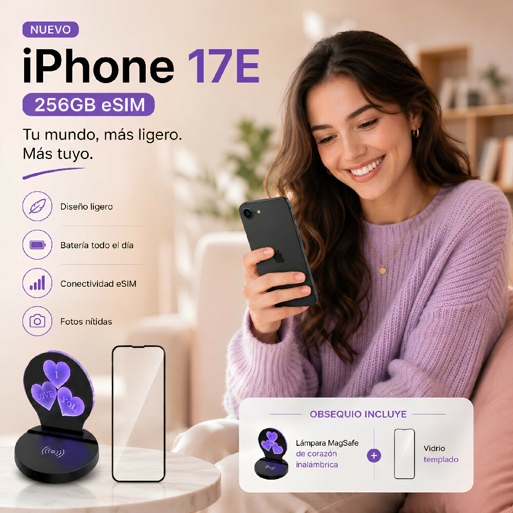 Celular Apple IPhone 17e 256gb ESim + Obsequio Lámpara Corazón 3D MagSafe Y Vidrio Negro