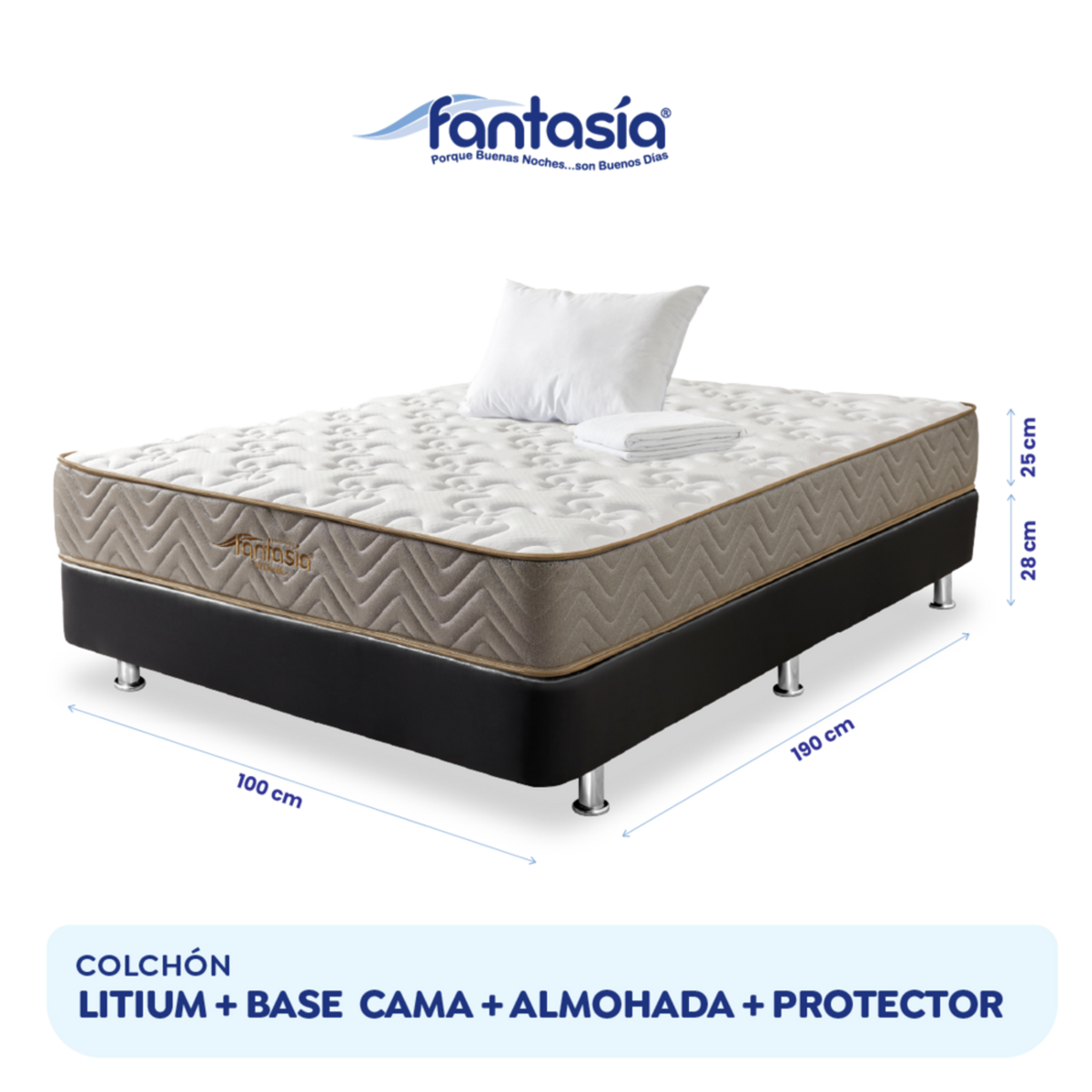 Combo Colchón Litium 120X190Cm + Base Cama Tipo Cuero Negro + Almohada Economica+Protector Damasco Marca Fantasía