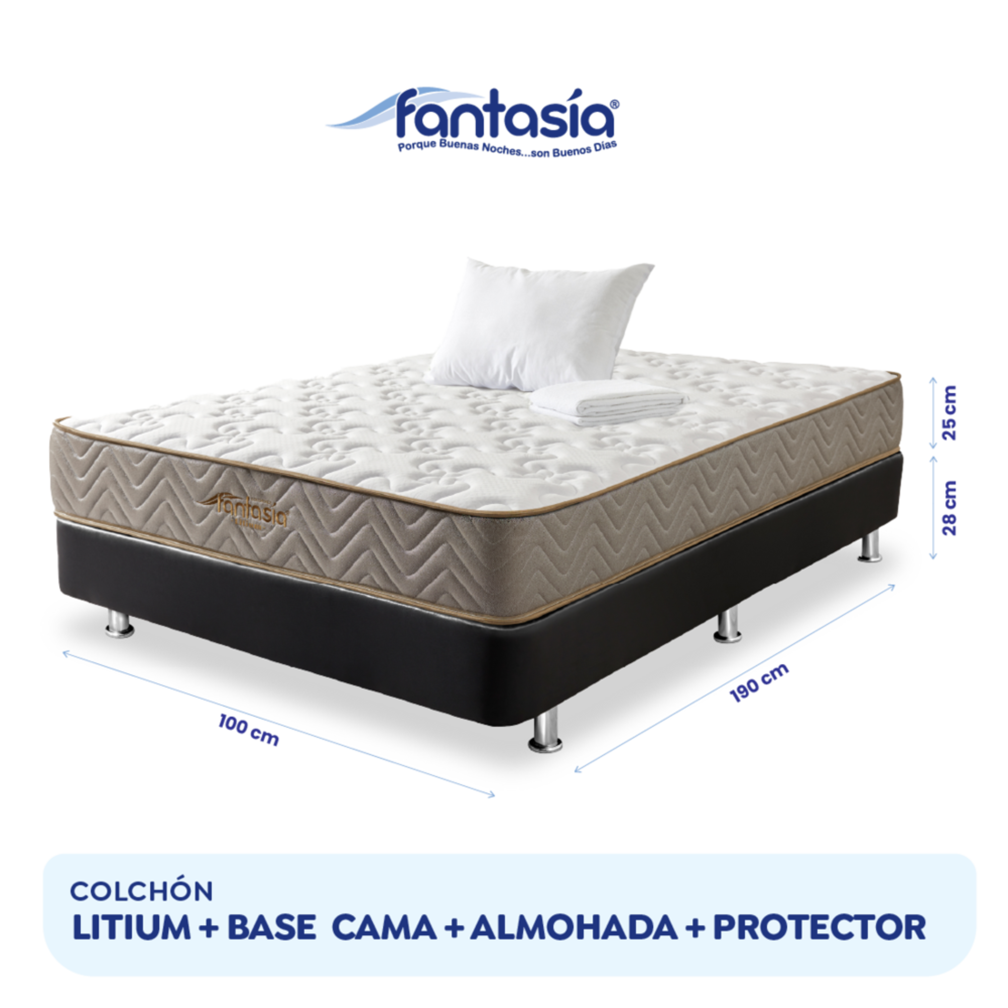 Combo Colchón Litium 100X190 Cm +  Base Cama Tipo Cuero Negro + Almohada Economica + Protector Damasco Marca Fantasía
