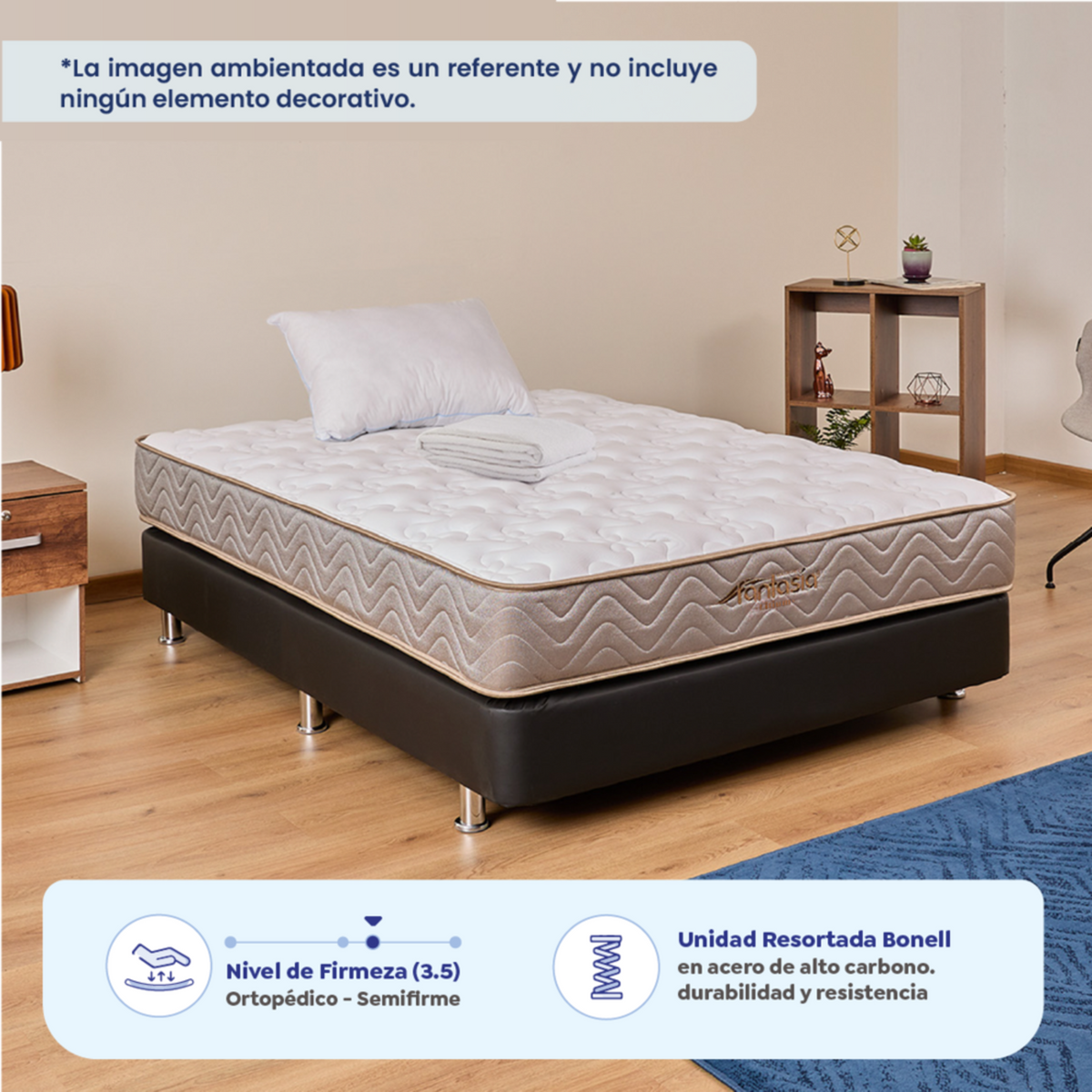 Combo Colchón Litium 100X190 Cm +  Base Cama Tipo Cuero Negro + Almohada Economica + Protector Damasco Marca Fantasía