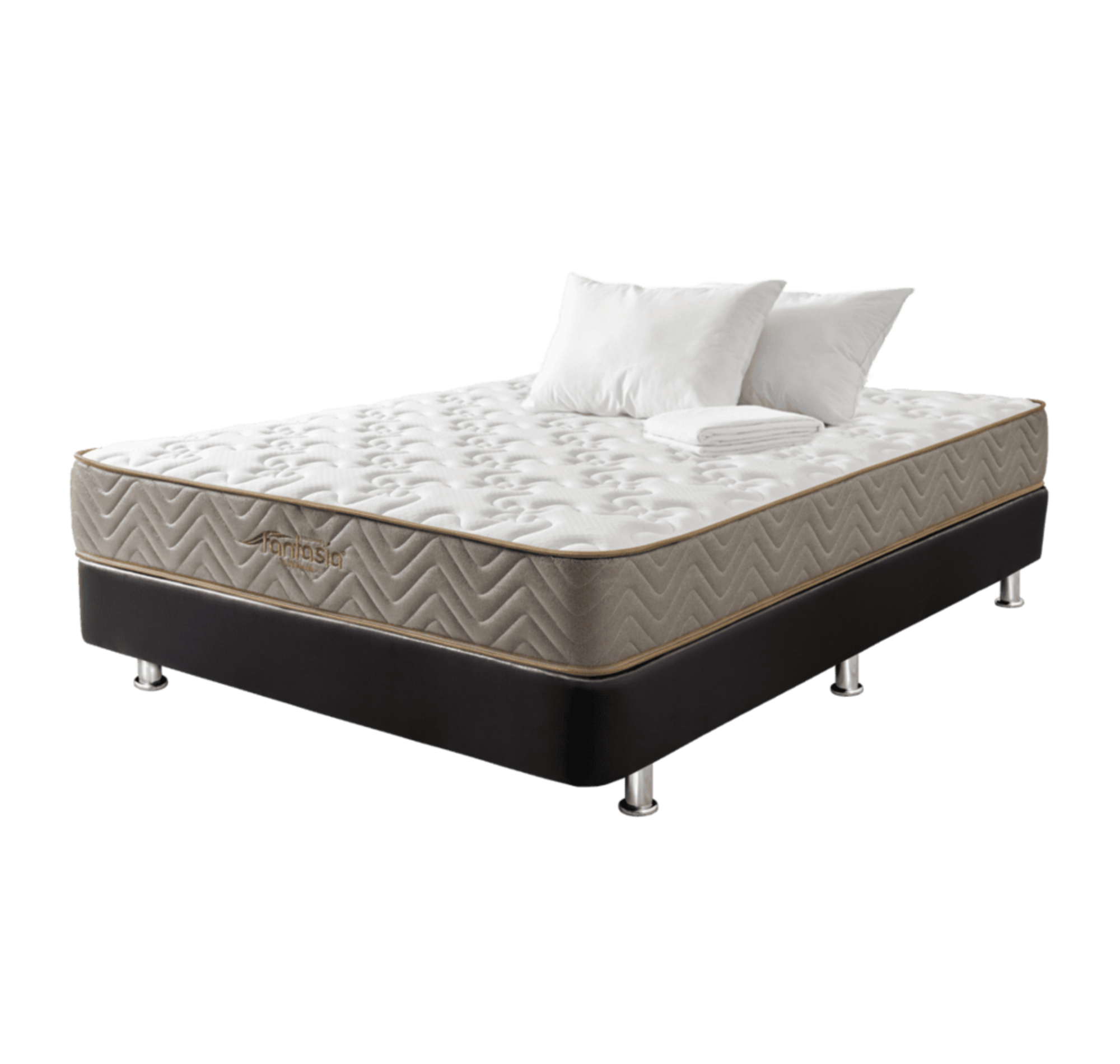Combo Colchón Litium 140X190 Cm + Base Cama Tipo Cuero Negro + Almohada Economica + Protector Damasco  Marca Fantasía