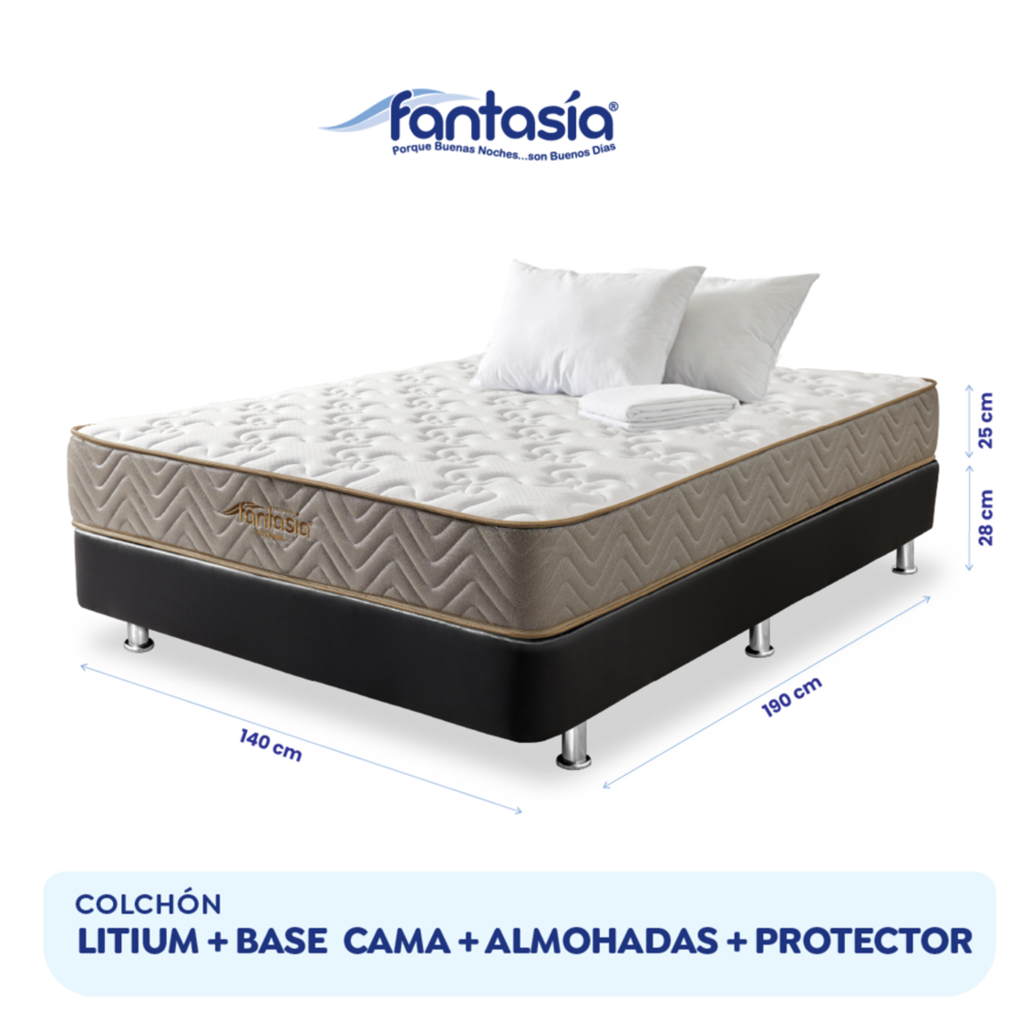 Combo Colchón Litium 140X190 Cm + Base Cama Tipo Cuero Negro + Almohada Economica + Protector Damasco  Marca Fantasía
